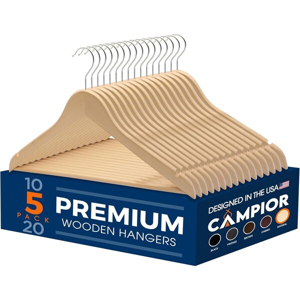 Campior Natural Wooden Hangers, Heavy-Duty with 360 Deg Swivel Hook, Non-Slip, Pants Bar, 5PK CMPWH5NL - main