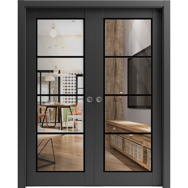 Sartodoors Sliding Double Pocket Door Clear Glass, Lucia 2466 Matte Black and Aluminum Strips, Kit Trims Rail LUCIA2466DP-BLK-60 x 80 (2* 30x80) - main