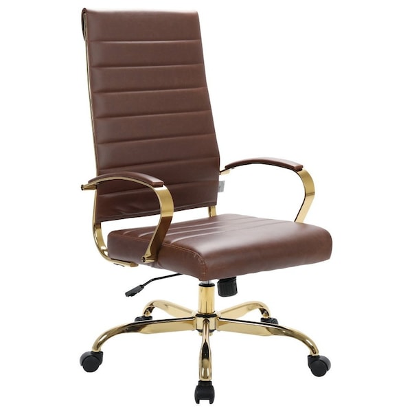 Leisuremod Benmar High-Back Leather Office Chair with Gold Frame, Brown BOTG19BRL - main
