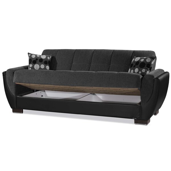 Homeroots 93" Dark Gray And Black Chenille And Faux Leather Sleeper Sofa And Toss Pillows With Brown Legs 607166 - main