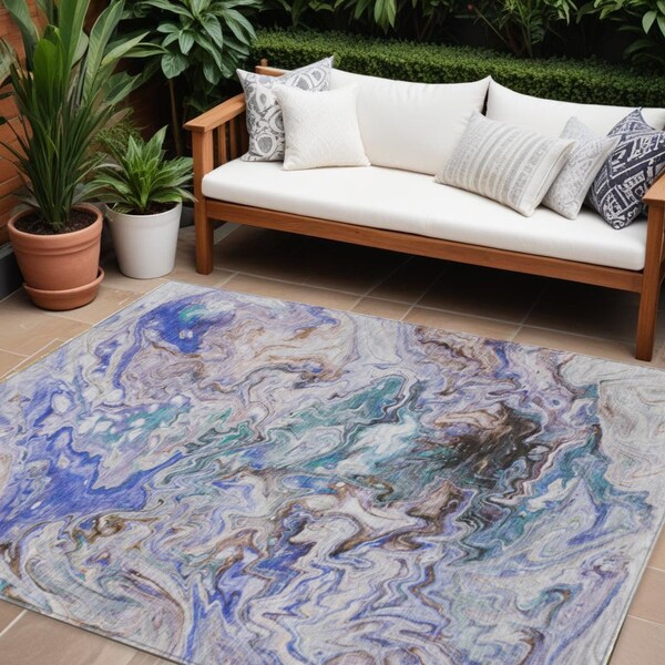 Homeroots 9' X 12' Beige Blue And Taupe Abstract Washable Indoor Outdoor Area Rug 577954 - main