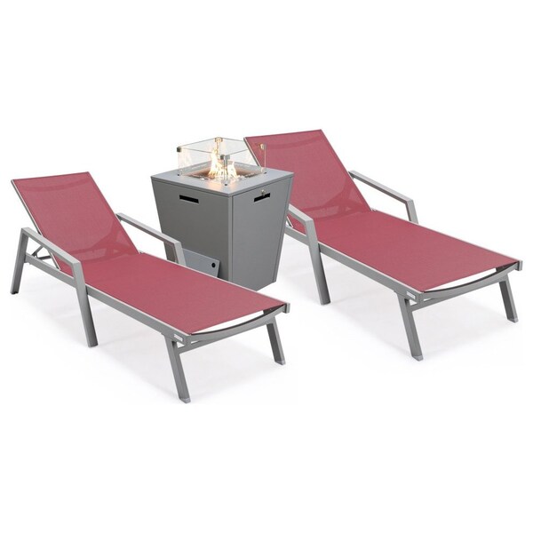 Leisuremod Marlin Grey Aluminum Patio Chaise Lounge Armchair Set of 2 with Square Fire Pit Table, Burgundy MLAGRCF21-77BRG2 - main