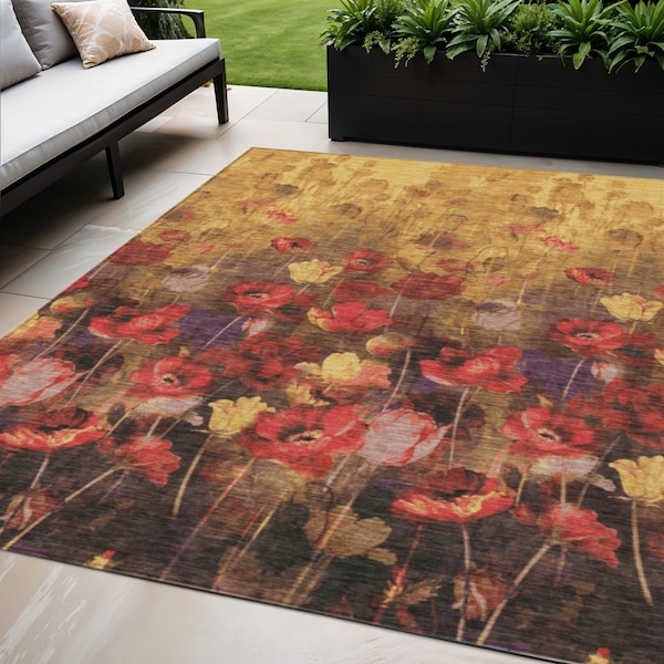 Homeroots 5' X 8' Gold Red And Brown Floral Washable Indoor Outdoor Area Rug 597058 - main