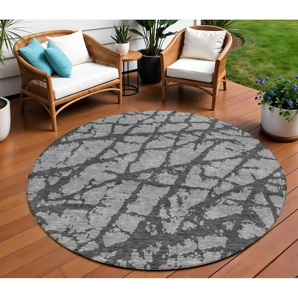 Homeroots 8' Gray And Charcoal Round Abstract Washable Indoor Outdoor Area Rug 614355 - main