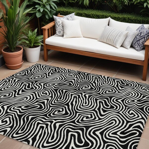 Homeroots 8' X 10' Black And Ivory Abstract Washable Indoor Outdoor Area Rug 599691 - main