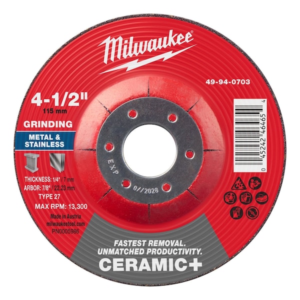 Milwaukee Tool Grinding Wheel, 4 1/2" dia. 49-94-0703 - main
