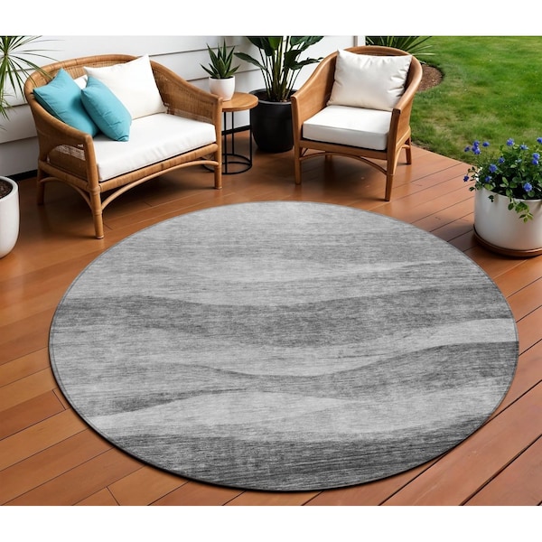 Homeroots 8' Gray And Charcoal Round Abstract Washable Indoor Outdoor Area Rug 604979 - main