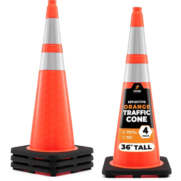 Xpose Safety Traffic Safety Cone, 36 in, PVC, Dual 6 in & 4 in Reflective Collar, DOT Approved, Orange, 4 pk OTC36-64-4-X-S - main