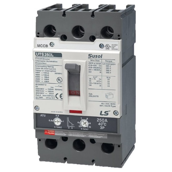 Ls Electric UTS250H Series 3 Pole MCCB. 250A Frame. 225A Trip Amperage. FTU - Fixed Trip Unit. 80% Co 02090048UL - main
