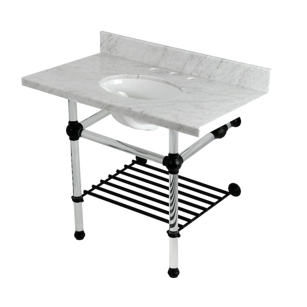 Kingston Brass 36-Inch Carrara Marble Console Sink with Acrylic Legs and Shelf, 8-Inch, 3-Hole KVPB3630MAB0 - main