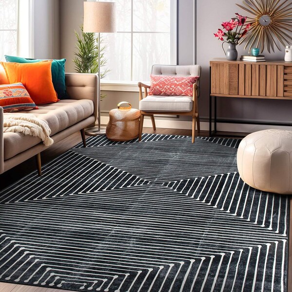 World Rug Gallery Bohemian Stripes Washable Non Slip Area Rug 5 ft x 7 ft Black WR73BLACK5X7 - main