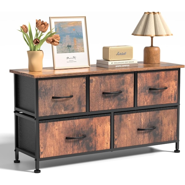Simple Deluxe 5 Drawers Dresser for Bedroom, Wide Chest of Drawers, Storage Organizer Units with Fabric Bins for 3A88HKCABT5RUST - main
