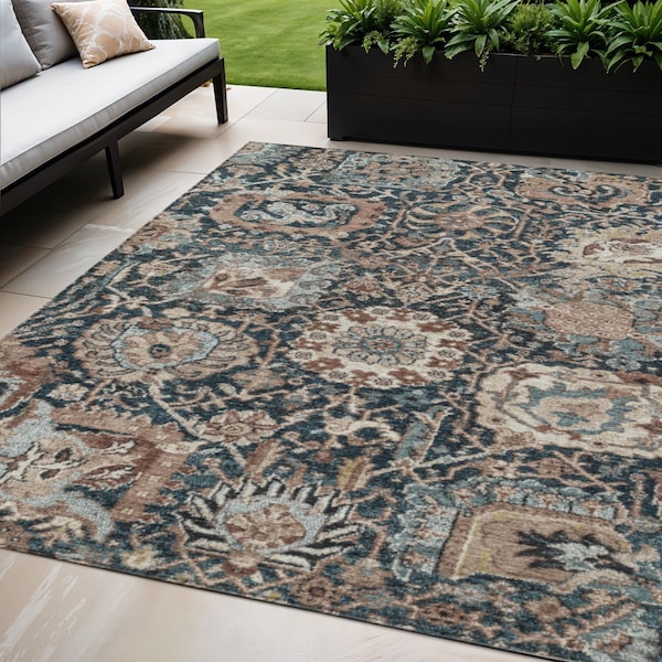 Homeroots 5' X 8' Taupe Blue And Beige Geometric Washable Indoor Outdoor Area Rug 609113 - main