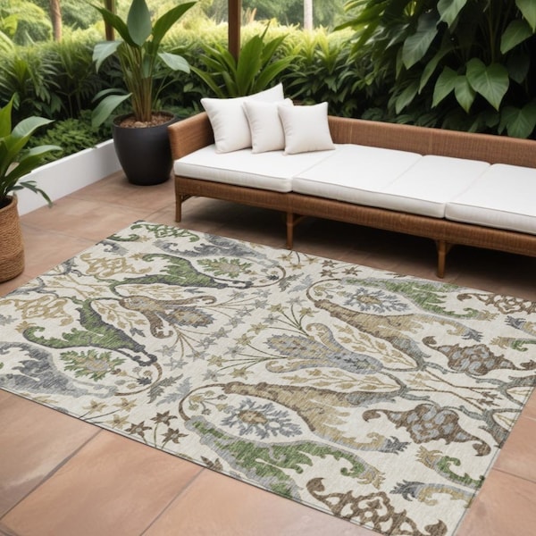 Homeroots 8' X 10' Ivory Green And Brown Floral Washable Indoor Outdoor Area Rug 605286 - main