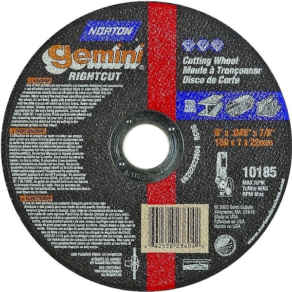Norton Co Abrasive Cut-Off Wheel, Type 1, 6 in Dia, 0.045 in Thick, 7/8 in Arbor Hole Size, Aluminum Oxide 66252823604 - main