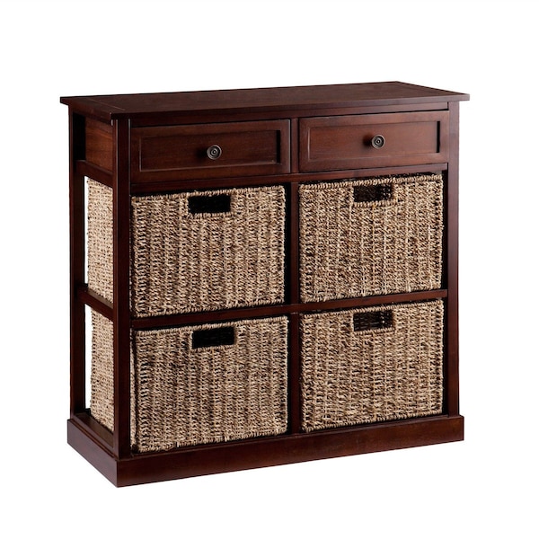 Homeroots Mahogany and Seagrass Basket Storage Shelving Unit 401703 - main