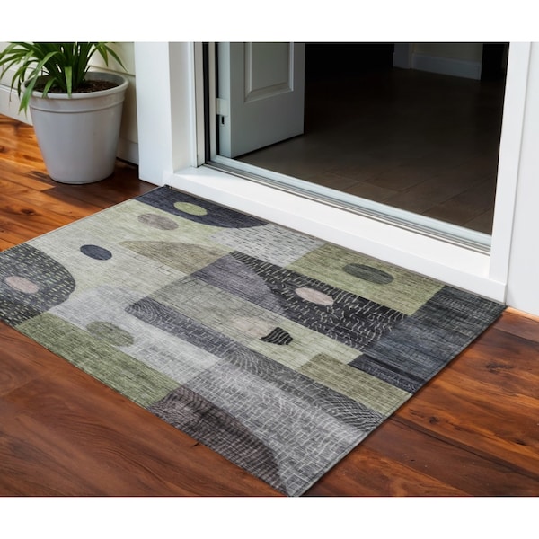 Homeroots 3' X 5' Artichoke Green Gray And Charcoal Geometric Washable Indoor Outdoor Area Rug 604390 - main