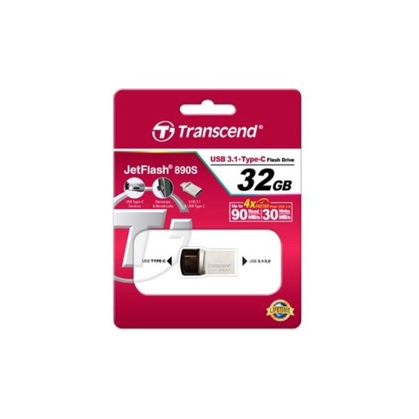 Transcend Information Transcend 32GB JetFlash 890 USB 3.1 On-The-Go Flash Drive - 32 GB - USB 3.1, USB - 256-bit AES TS32GJF890S - main
