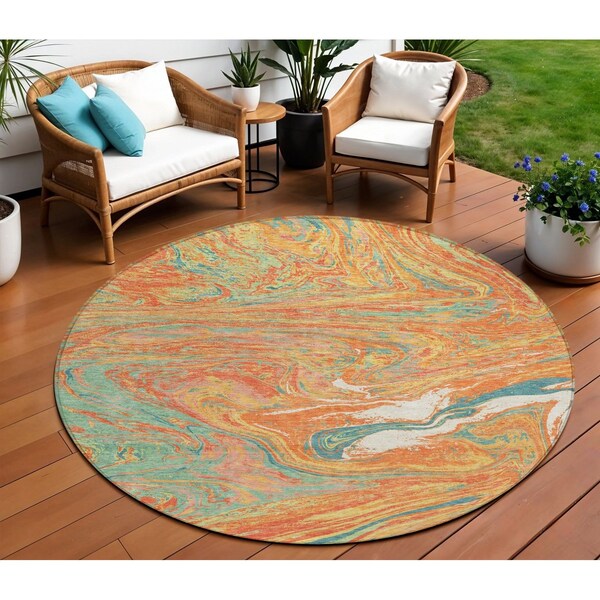 Homeroots 8' Orange Green And Beige Round Abstract Washable Indoor Outdoor Area Rug 602655 - main