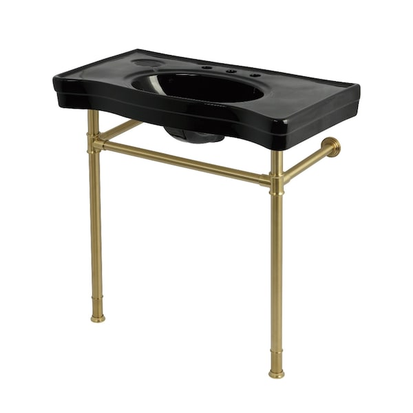 Kingston Brass 36" Ceramic Console Sink with Stainless Steel Legs, 8-Inch, 3-Hole, Black/Brushed Brass KVPB36198K387 - main