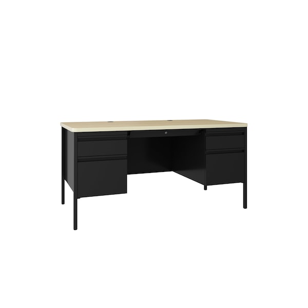 Hirsh Double Pedestal File Desk W/ Round Corner T-Mold Top, 30 in D X 29.5 in H, 60 in W X Black / Maple 25054 - main