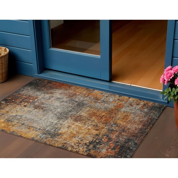 Homeroots 3' X 5' Copper Terra Cotta And Black Abstract Washable Indoor Outdoor Area Rug 606098 - main