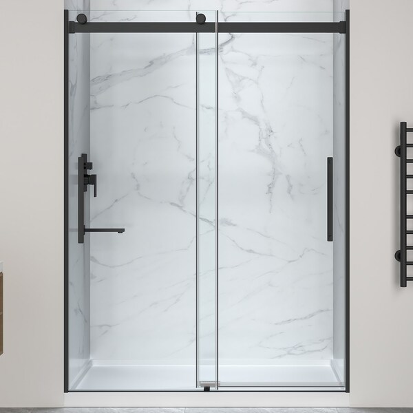 Anzzi 76'' x 45-48'' Sliding Frameless Shower Door in Matte Black with Alcove Center Drain Shower Base SD-5901103C-MB - main
