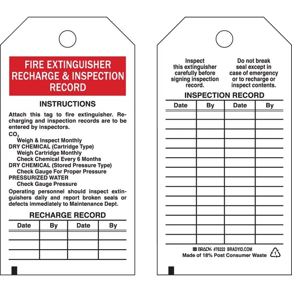Brady Tag FIRE EXTINGUISHER RECHARGE & INSPECTION RECORD Polyester BK/RD/WH 25/PK, 25PK 76222 - main