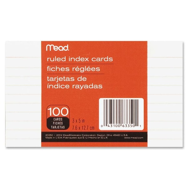 Mead 3 in. H X 5 in. W Ruled Index Cards White 100 pk 63350 - main