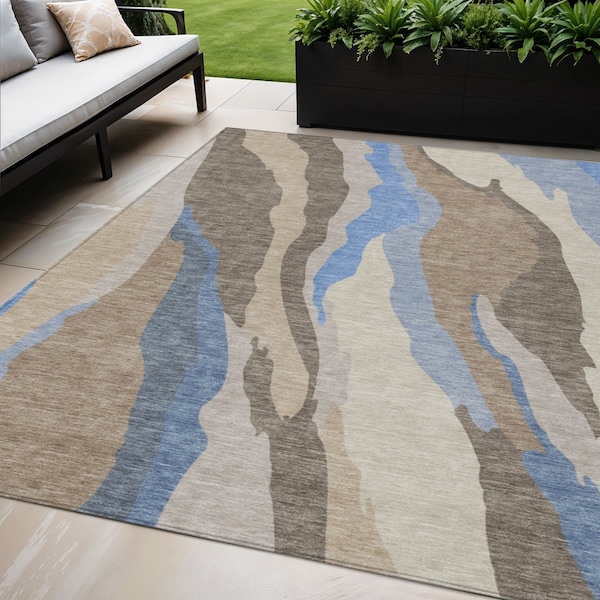 Homeroots 5' X 8' Taupe Tan And Blue Abstract Washable Indoor Outdoor Area Rug 601015 - main