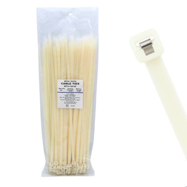 Cable Ties Unlimited Metal Tooth Cable Tie, 14 in L, 120 lb Strength, 4 in Max Bundle Dia, Nylon, Natural, 100PK MT14-120-9C - main