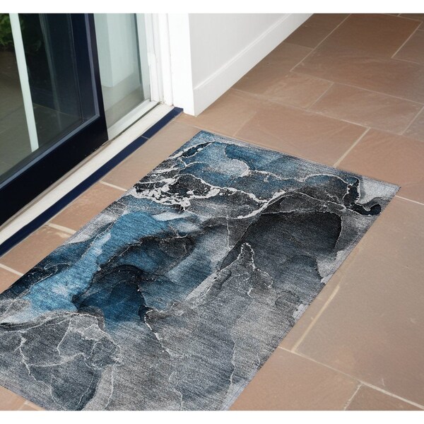 Homeroots 2' X 3' Ivory Blue and Gray Abstract Washable Non Skid Indoor Outdoor Area Rug 559424 - main