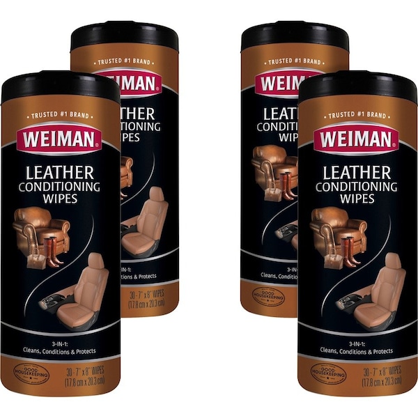 Weiman Leather Wipes, 1-Ply, 7 x 8, White, 30/Canister, 4PK 91CT - main