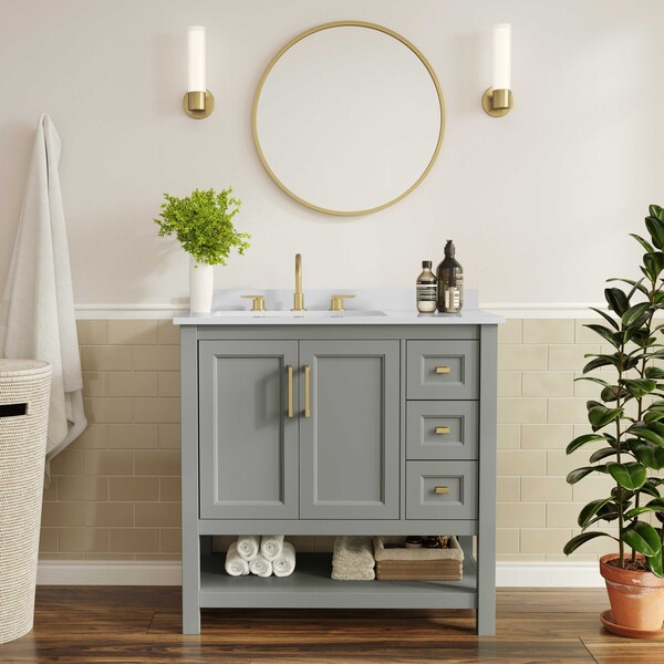 Flash Furniture Vega 36in. Vanity w/Sink, Cabinet w/Gold Hardware, Open Shelf & 3 Drawers, Marble Counter, Gry/Wht FS-VEGA36-KD-GY-HDGLD-GG - main
