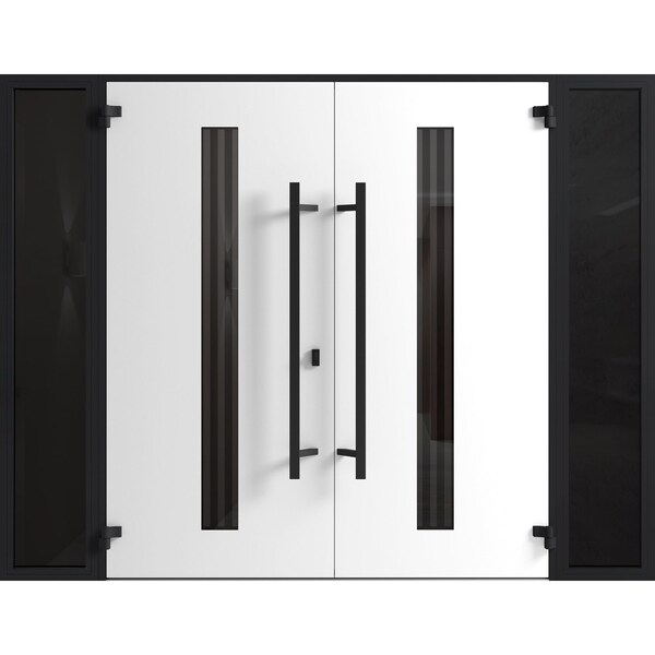 Vdomdoors Front Exterior Prehung Aluminum Double Doors Ronex1055 Teak 2 Sidelights Mirrored Clear Glass Entry RONEX1055DEXD-OAK-W16+72+16xH80-LH-O - main