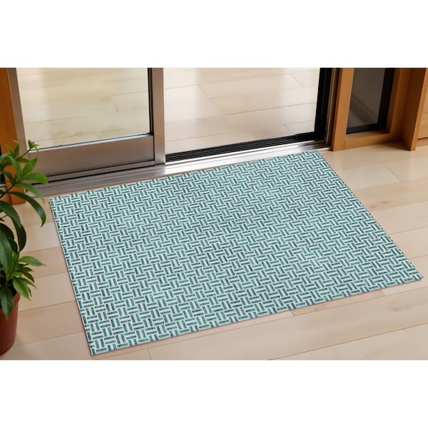 Homeroots 3' X 5' Teal Blue And Silver Geometric Washable Indoor Outdoor Area Rug 594509 - main