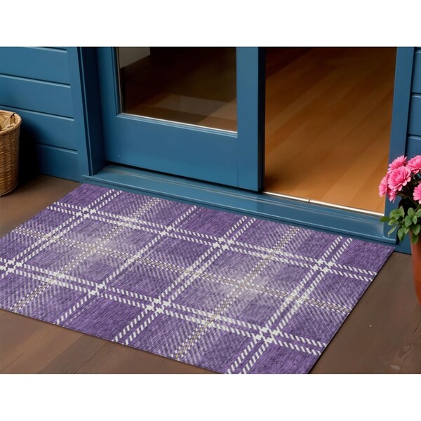 Homeroots 3' X 5' Purple Gold And Ivory Plaid Washable Indoor Outdoor Area Rug 596357 - main
