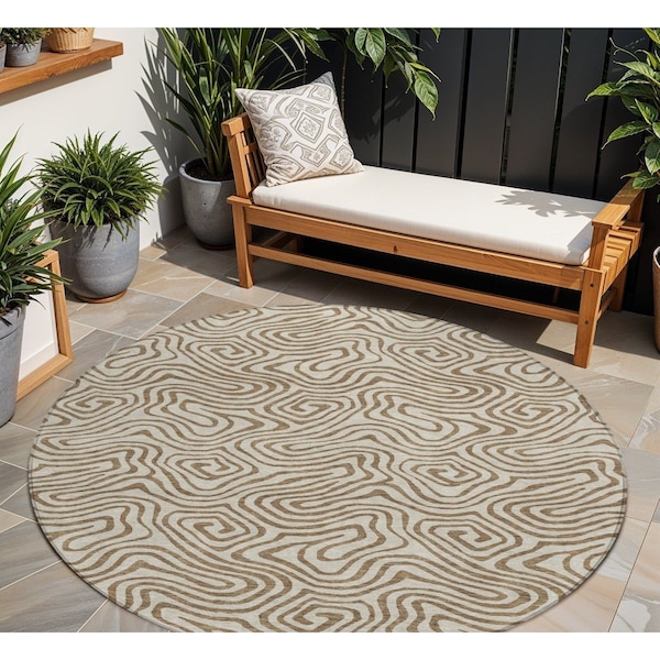Homeroots 8' Beige And Brown Round Abstract Washable Indoor Outdoor Area Rug 599780 - main