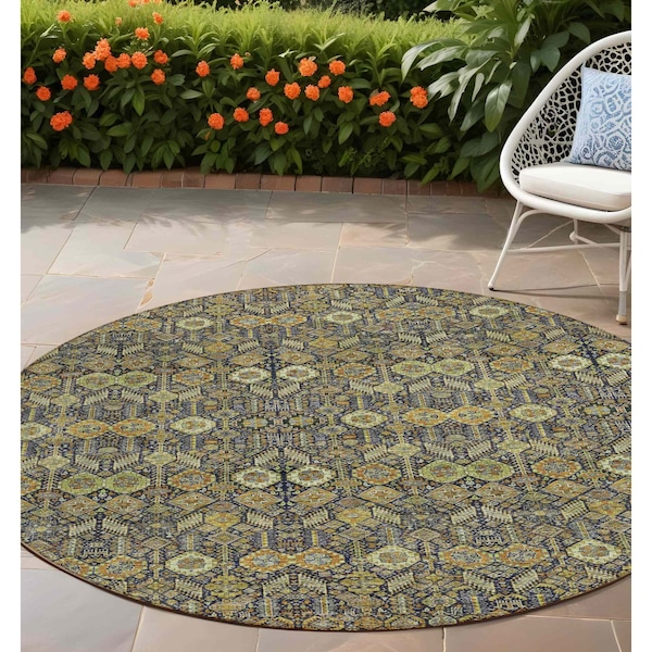 Homeroots 8' Round Blue and Orange Round Floral Washable Non Skid Indoor Outdoor Area Rug 564352 - main