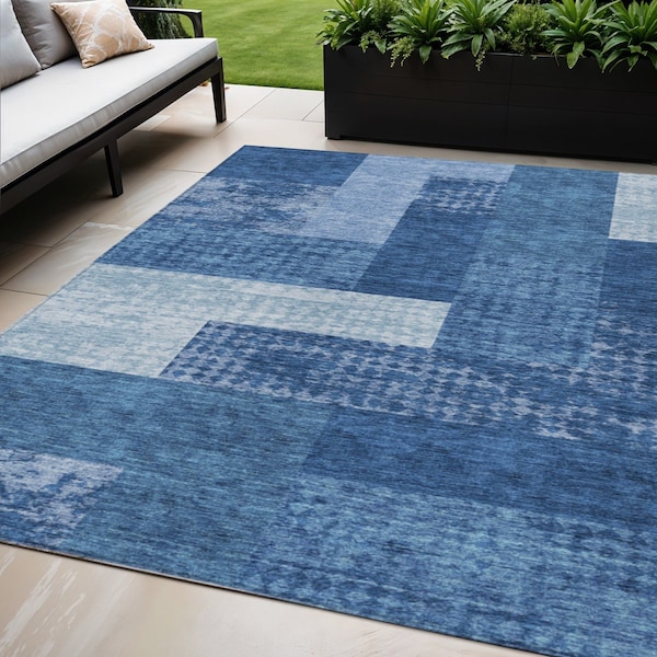 Homeroots 5' X 8' Navy Blue And Sky Blue Geometric Washable Indoor Outdoor Area Rug 612449 - main