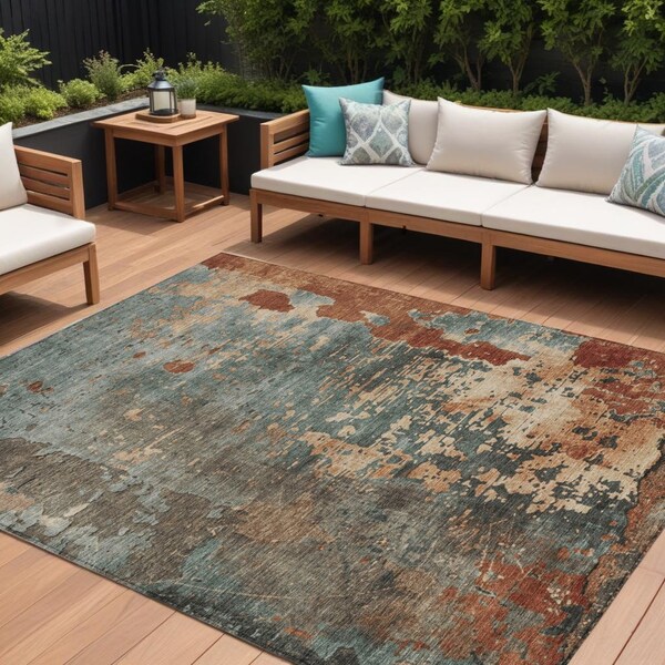 Homeroots 9' X 12' Pale Aqua Copper And Beige Abstract Washable Indoor Outdoor Area Rug 618236 - main