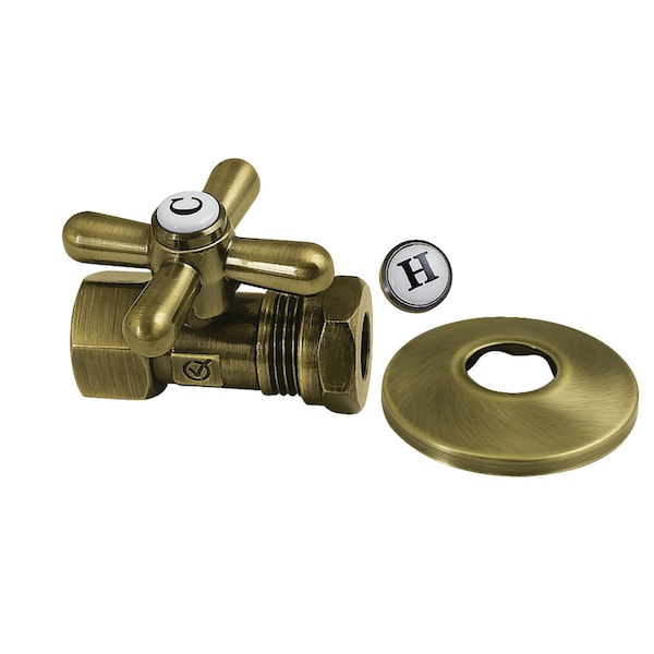 Kingston Brass 1/2" FIP x 1/2" or 7/16" Slip Joint Quarter-Turn Straight Shut-Off Valve with Flange, Antique Brass CC44153XK - main