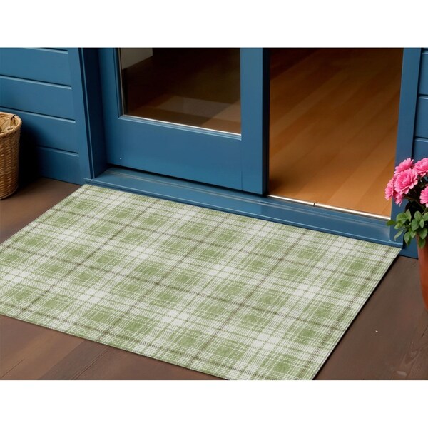 Homeroots 3' X 5' Artichoke Green Brown And Ivory Plaid Washable Indoor Outdoor Area Rug 597069 - main