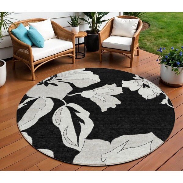 Homeroots 8' Black Gray And Silver Round Floral Washable Indoor Outdoor Area Rug 589526 - main