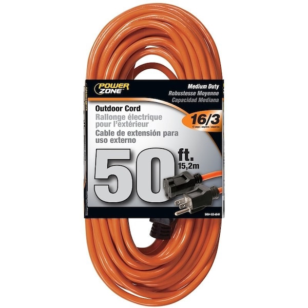 Powerzone SJTW Extension Cord, 16 AWG, Outdoor, 16/3, 1 Outlets, 5-15R, Orange, 5-15P, 50 ft EC501630 - main