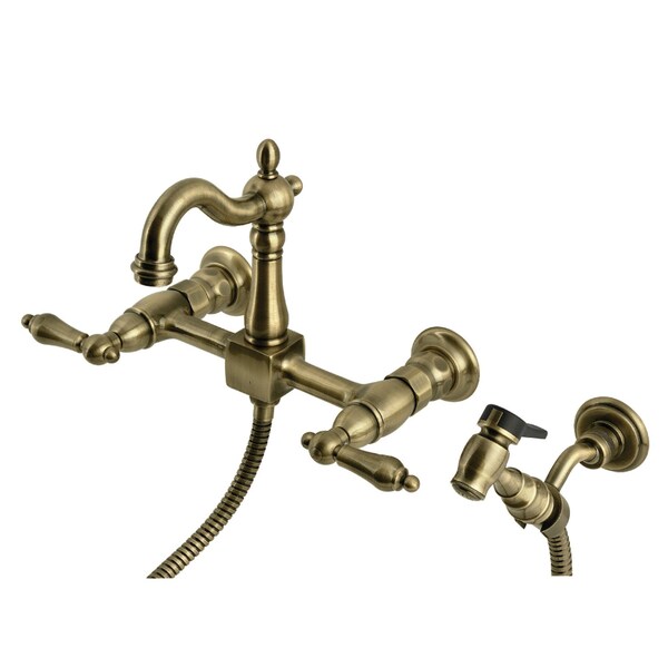 Kingston Brass Two-Handle Wall Mount Bridge Kitchen Faucet with Brass Sprayer, Antique Brass KS2443ALBS - main