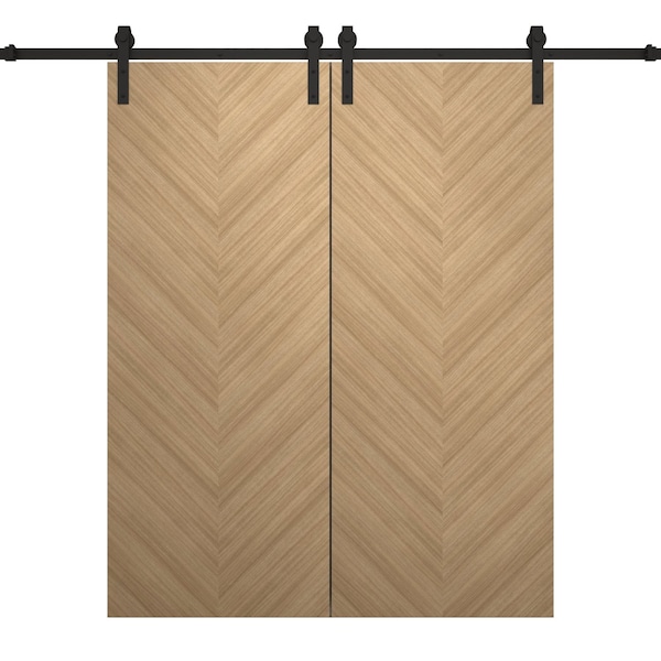 Sartodoors Modern Double Barn Door 84 x 84 inches, Ego 5005 Natural Oak, 14FT Rail Track Set, Solid Panel In EGO5005DB-SNA-8484 - main
