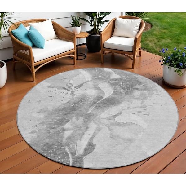 Homeroots 8' Gray And Silver Round Abstract Washable Indoor Outdoor Area Rug 611308 - main