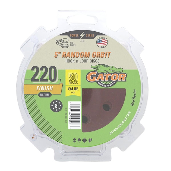 Gator Finishing 5" Red Resin Random Orbit Sander Hook and Loop Discs, 220 Very Fine Finish 4340 - main