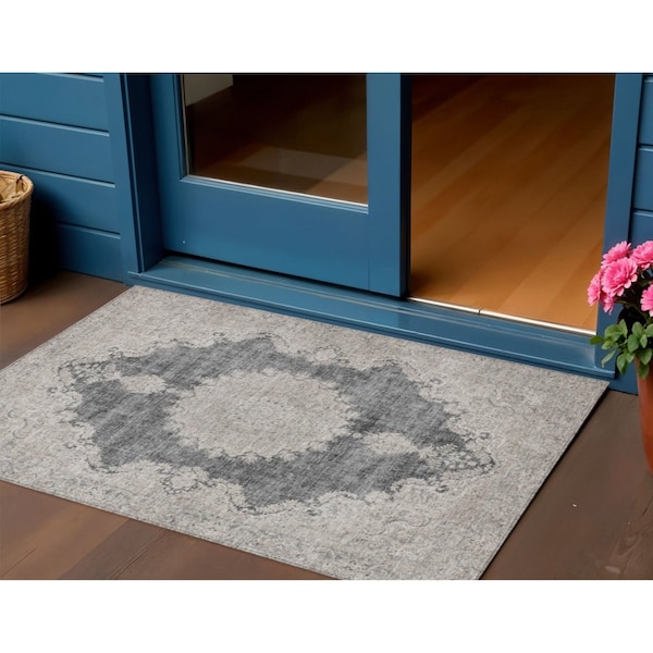 Homeroots 3' X 5' Black And Ivory Oriental Washable Indoor Outdoor Area Rug 597722 - main